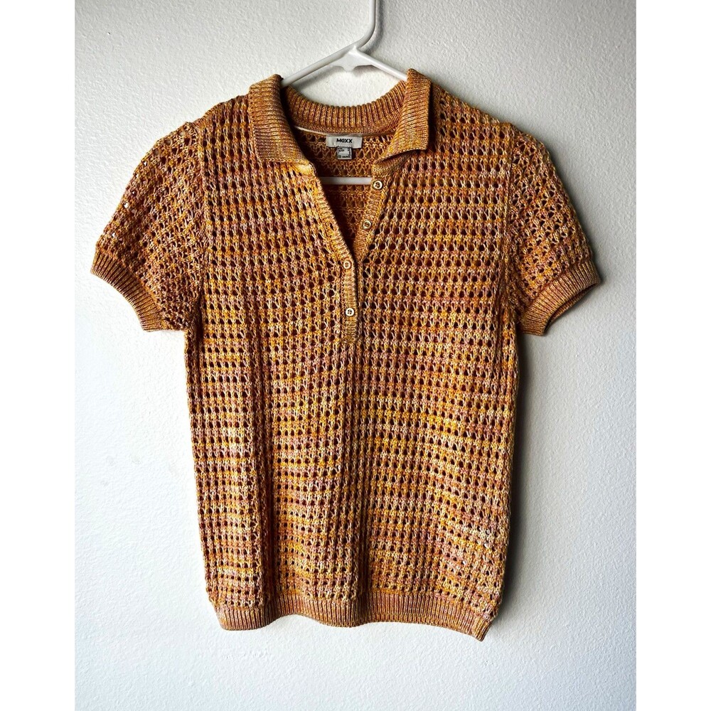 MEXX Open-Knit Polo Neck Pullover Sweater orange Yellow Pink Sz XS